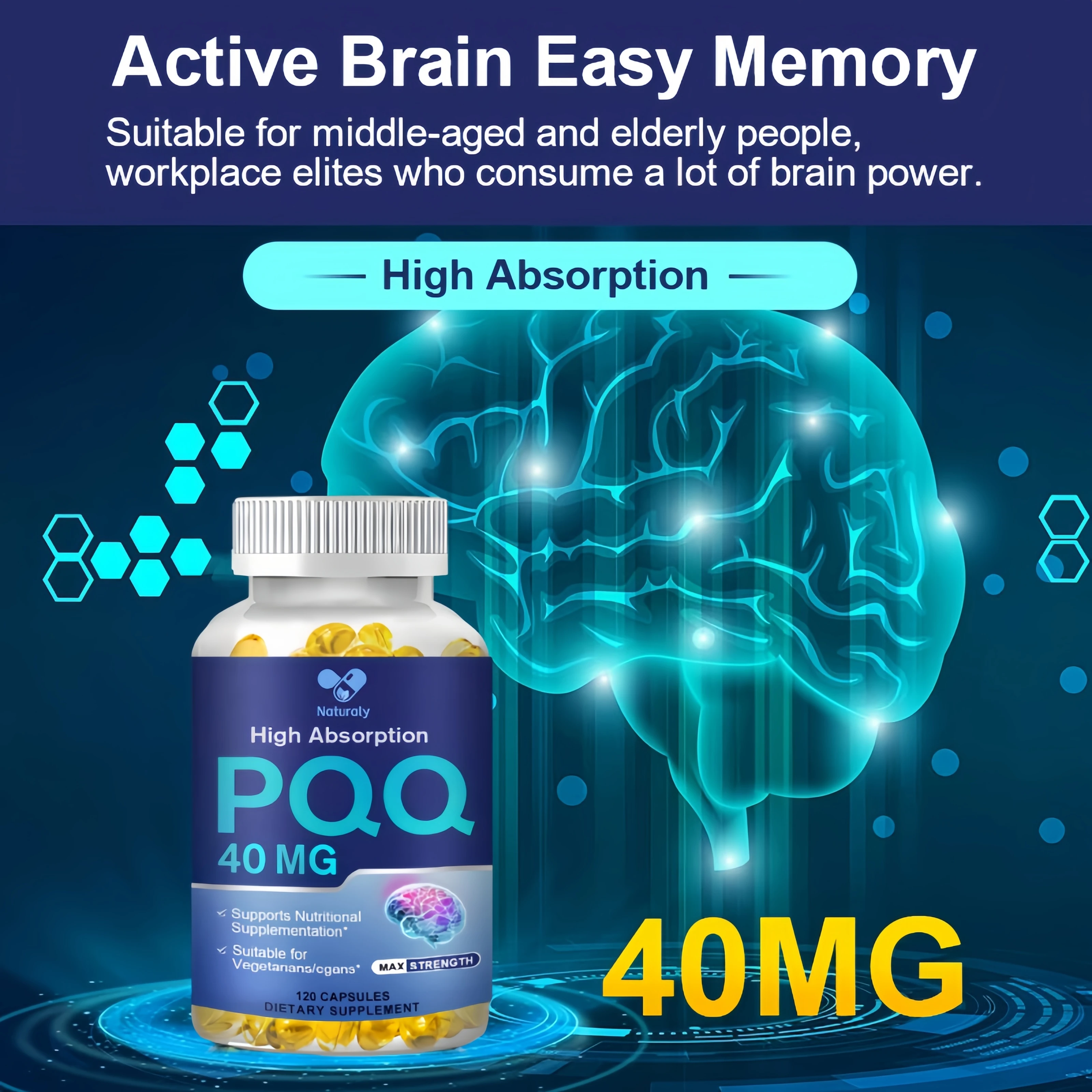 PQQ Capsules 40mg, Mitochondrial Support, Helps Energy Boost, Supports Heart Health, Cognitive Function