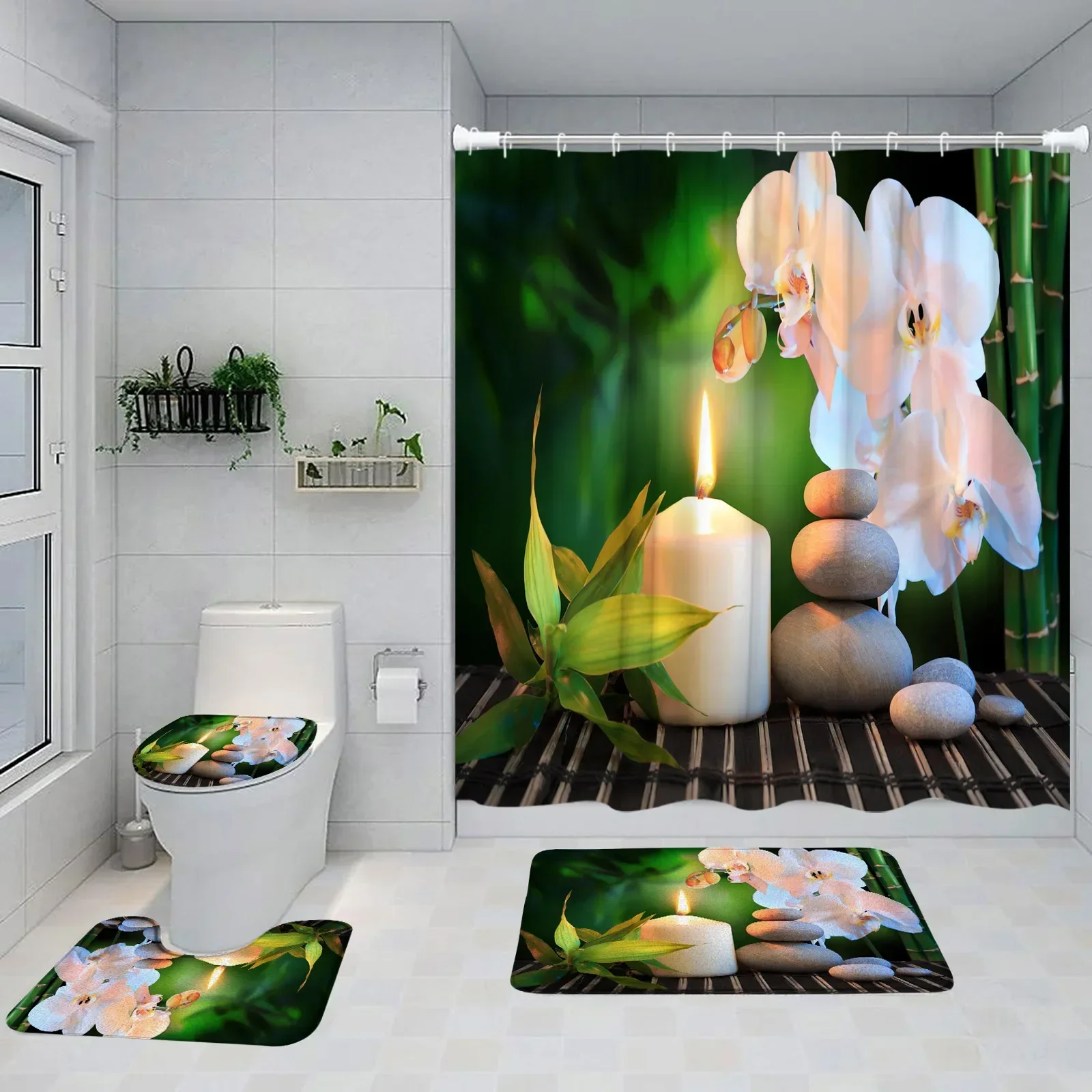 Zen Shower Set tirai ungu anggrek Hitam batu hijau bambu taman pemandangan kamar mandi dekorasi Non-Slip karpet mandi penutup Toilet