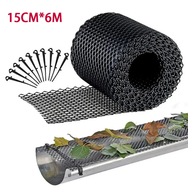 15cm x 6m Mesh Gutter Leaf Protection Mat With Fixing Pins Anti-Clog Guttering Net Garden Drainage Debris Block Prevention