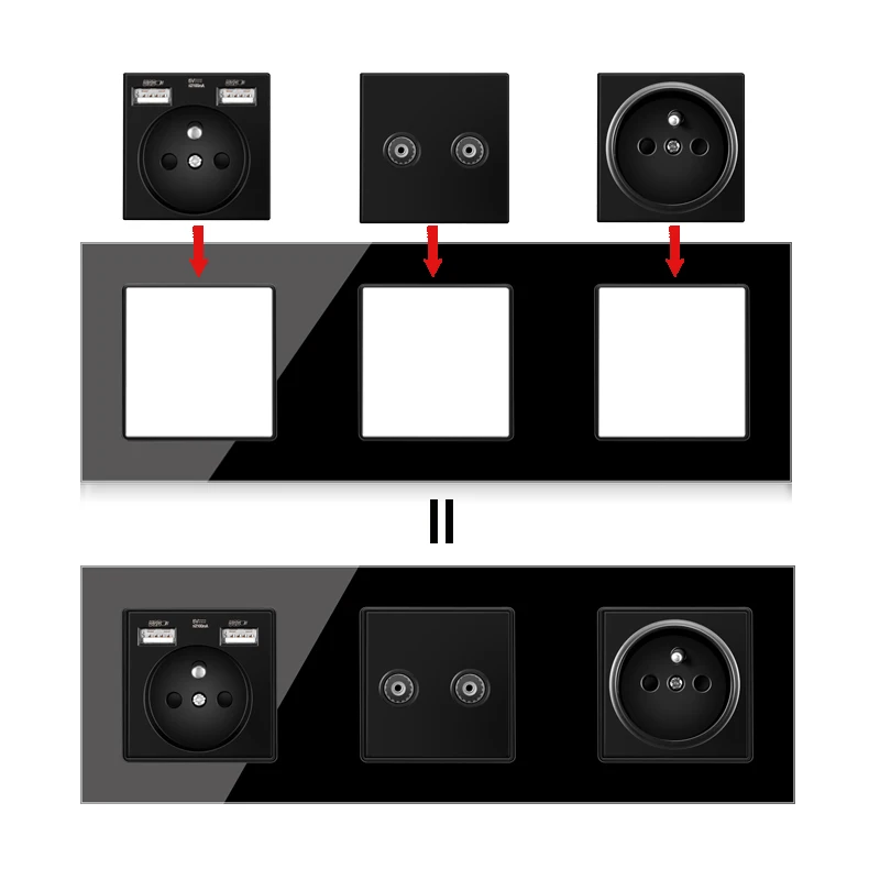 86 modulo a parete fai da te standard europeo nero cristallo temperato pannello presa LED interruttore luce pulsante funzione combi