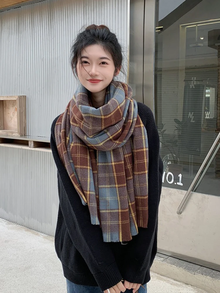 Neue koreanische Mode gestrickt Plaid druck Vintage Schal Kopftuch Winter Frauen Damen Männer adrette Schal weibliche Foulard Schal Unisex