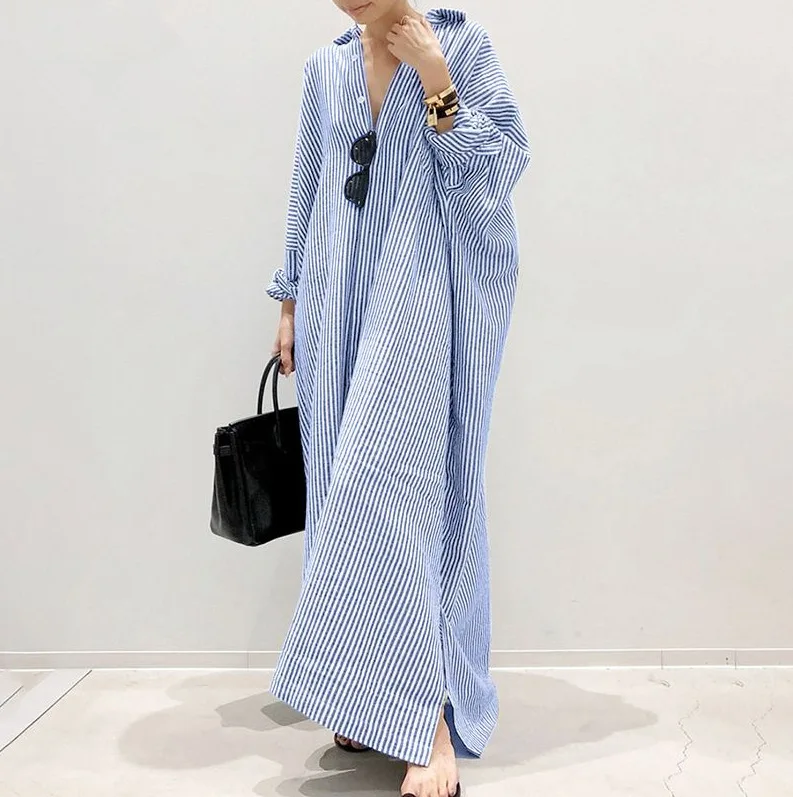 

2025 Cross border AliExpress new cotton and linen striped cardigan loose oversized temperament commuting irregular dress