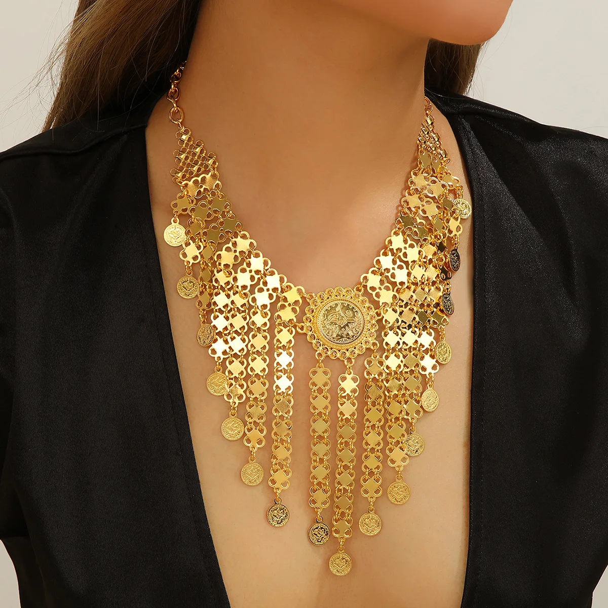 Kurdish Jewelry Arabic Gold Color Multi-layer Metal Coin Tassel Statement Necklace Women's Party Accessories