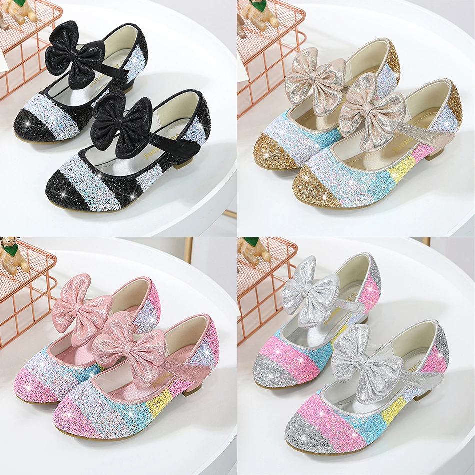 

Girl Sequin Shoes Children High Heel Glitter Crystal Fashion Kid Student Dance Bow Princess Shoe Round Toe Banquet Leather Shoes