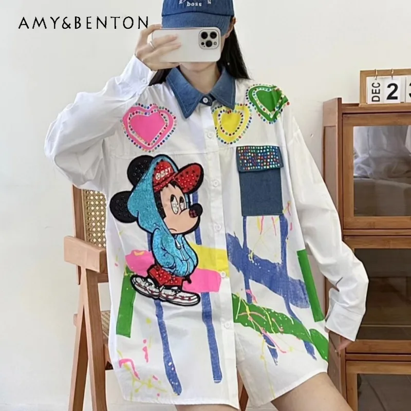 Denim Stitching Cartoon Graffiti Blouse For Women 2024 Autumn New Unique Design Fashion Brand Loose Mid-Length Rhinestone Shirts