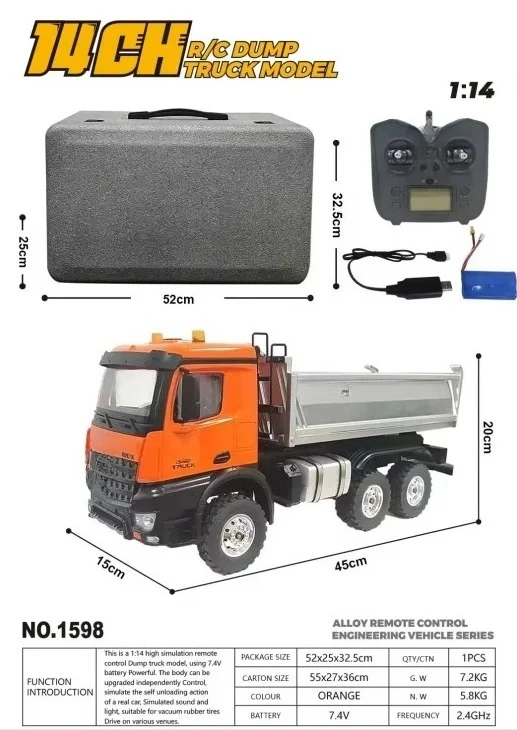 SJY-1598 2.4GHz Electric Alloy Dump Truck 1/14 Scale 14 Channel Programming Dumper Lorry Engineering Model