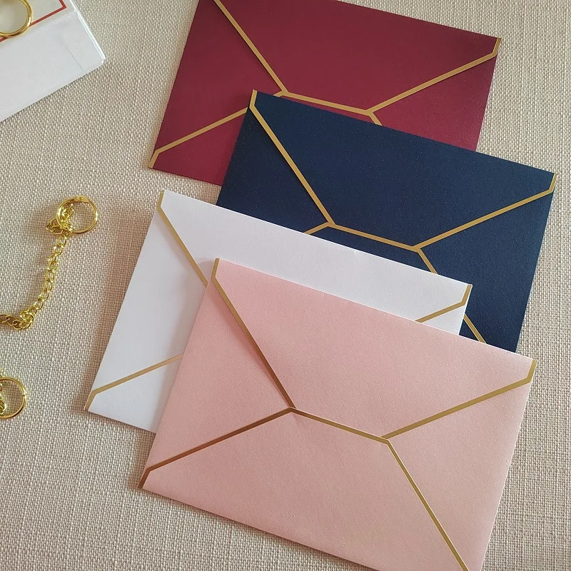 Gold Foil Bordered Invitation Envelopes, 250gsm Thicknes Shimmering Pearl Paper, Mailing Envelopes,  5x7inch A7 card,50pcs