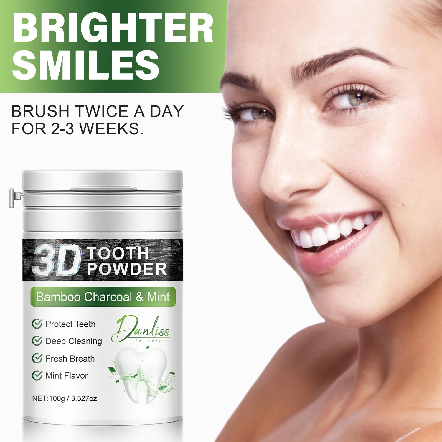 3D tooth powder deeply cleans the mouth, removes stains, freshens breath, improves gum health and cares for teeth 100g