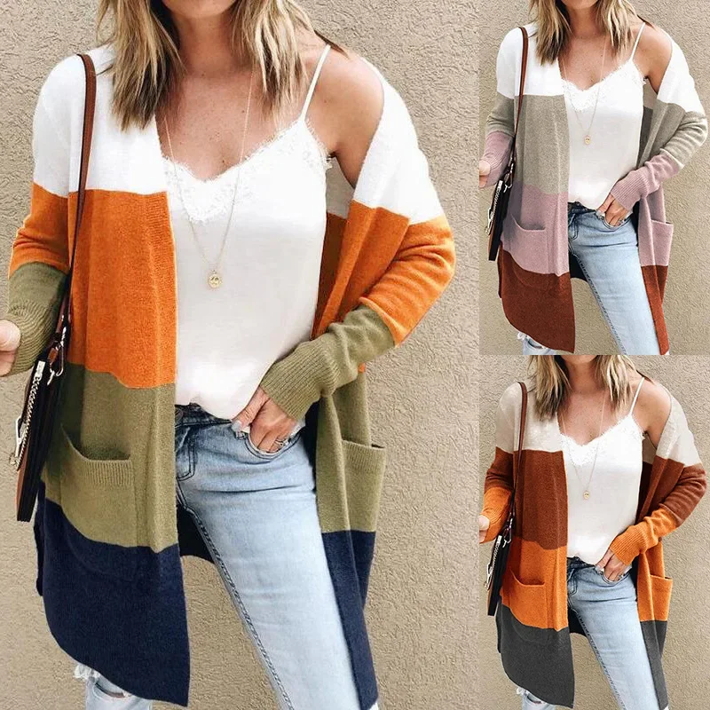 

New sweater women fashion big pocket coat autumn and winter long striped color cardigan