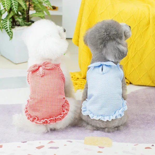 1pc Pet minimalist small grid tank top dress, cute lace breathable pet fluffy skirt
