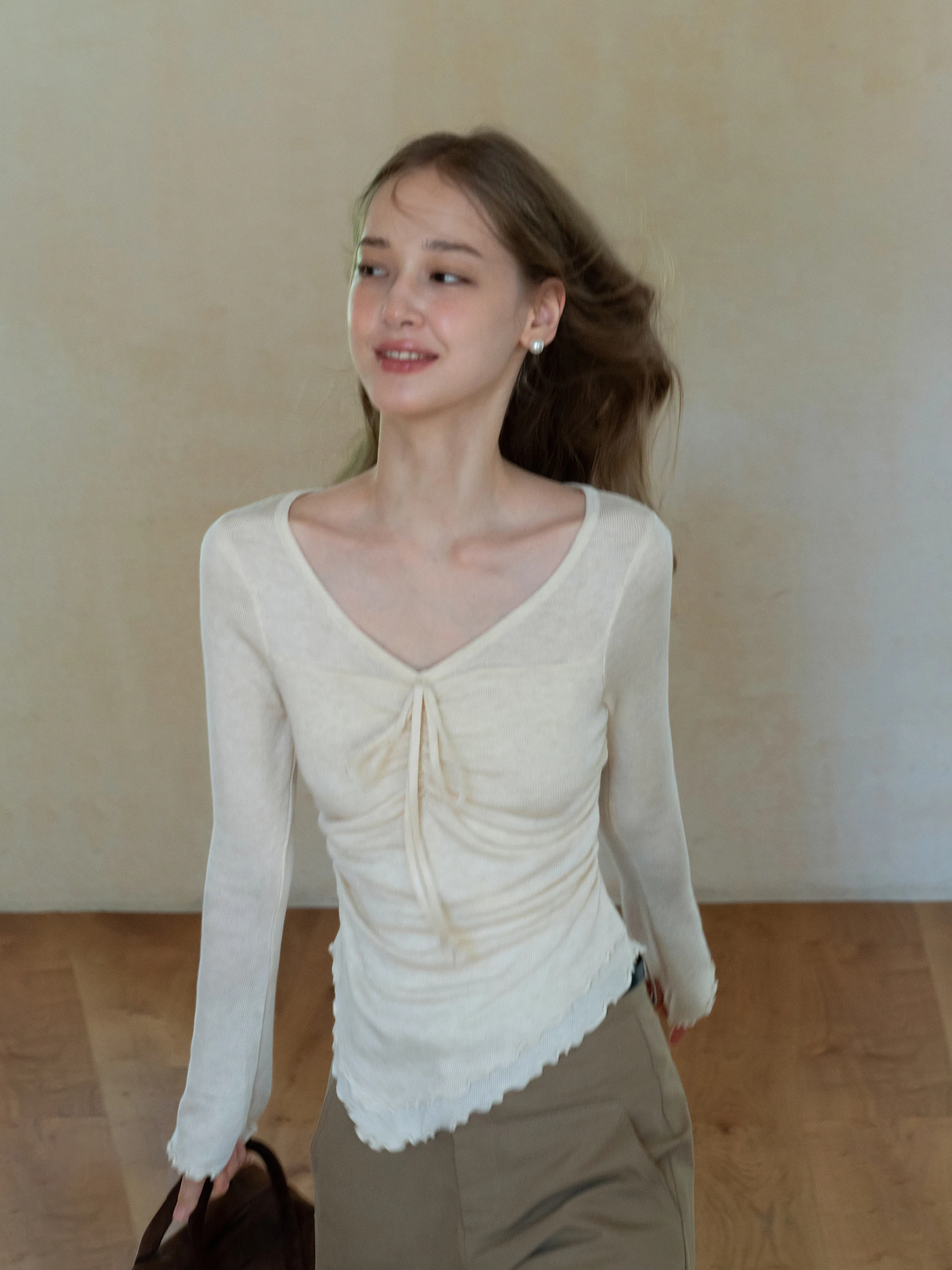 

Slim Fit Long Sve Knitted Sweater Women's V-ne Garter Belted Wood ain Spring Autumn Slimming Top EGGKAV