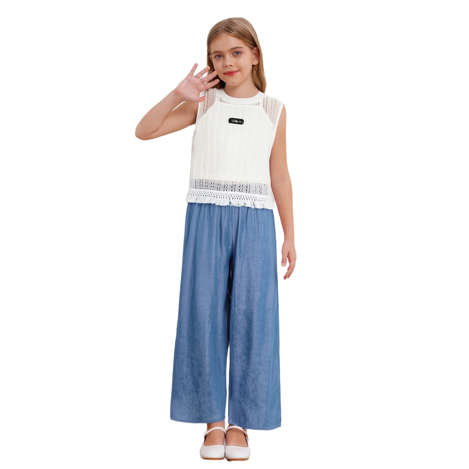 

Kids Girls Casual Clothes Outfit 3-Piece Summer Vacation Beach Sleeveless Tassel Hem Hollow Out Tank Top+Camisole+Wide-Leg Pants