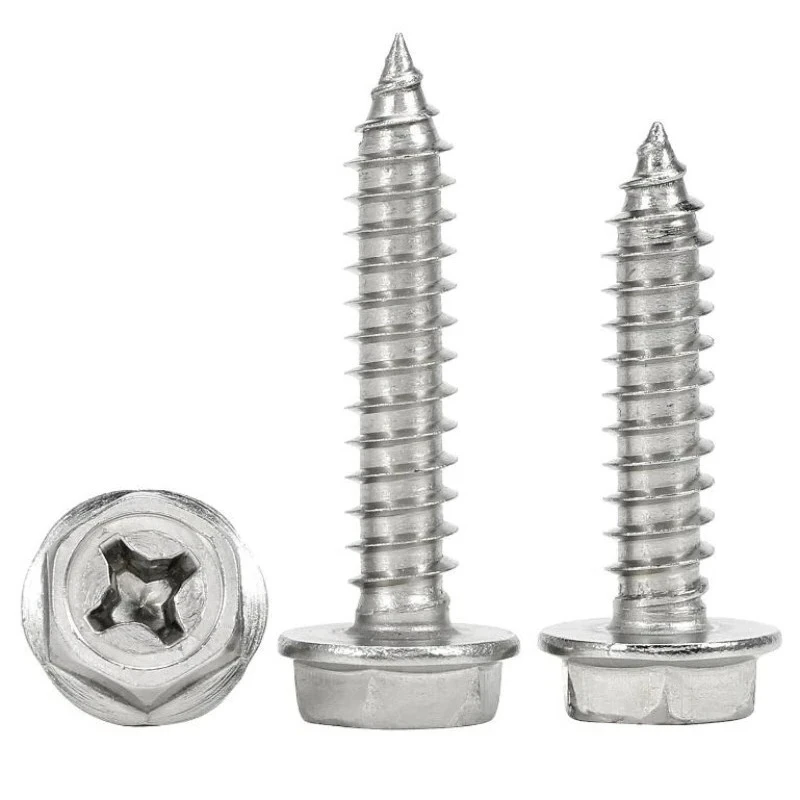 

304 Stainless Steel Phillips Hex Head Flange Self-Tapping Screws - M3-M6 Size with Built-In Washer for Metal/Wood/Plastic Fixing