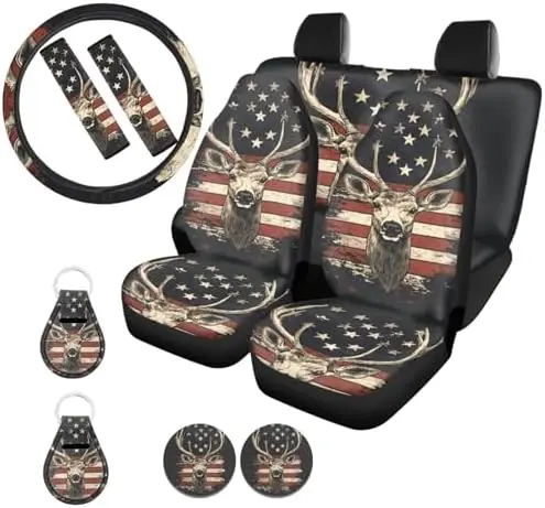 

GIFTPUZZ Набор из 11 предметов: чехлы на сиденья и руль автомобиля с дизайном флага США и оленя - универсальный размер