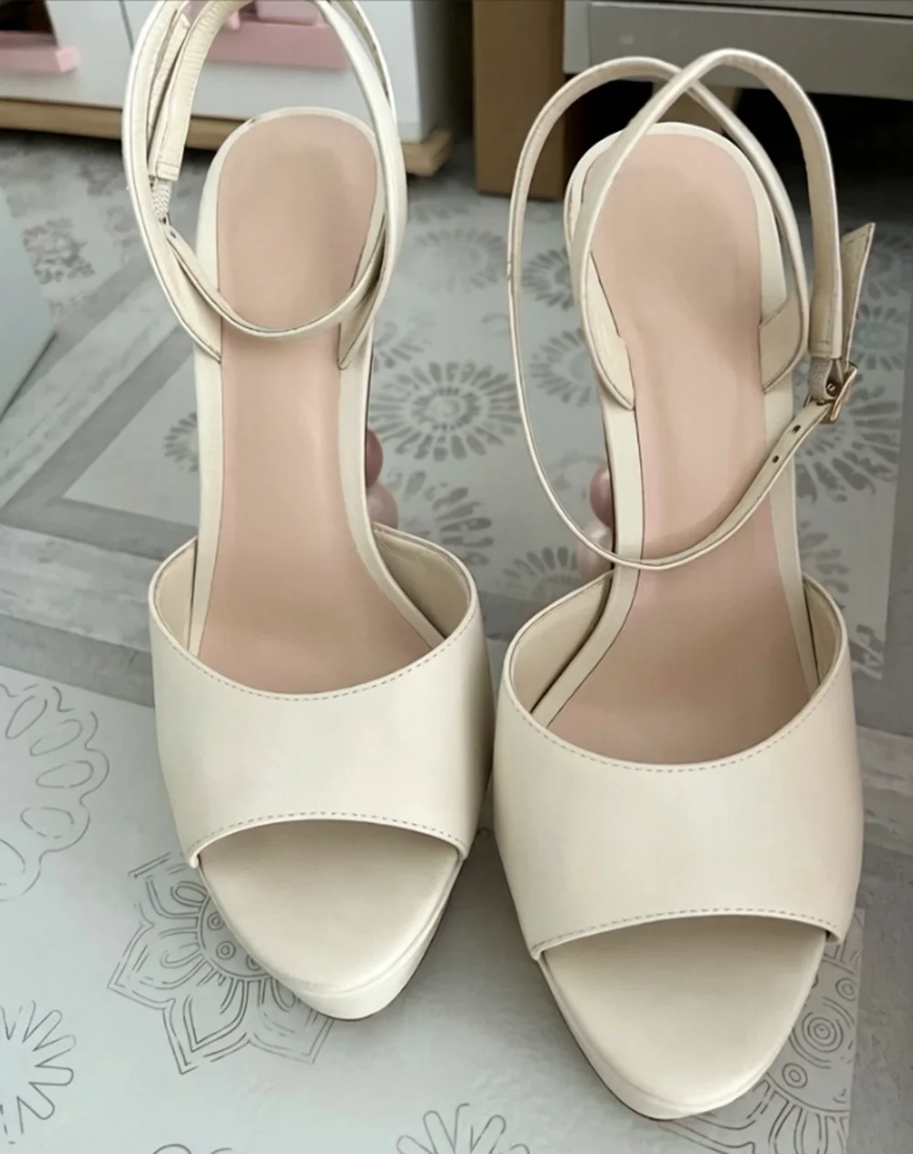 Elegant Leather Platform Heeled Sandals Pearl Heel Accents Open Toe Ankle Strap Buckle Chunky Heel Sweet Style for Lady Looks