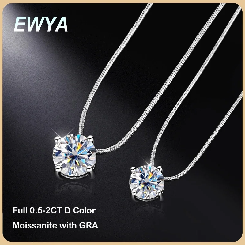 

EWYA 0.5-2CT D Color VVS1 Moissanite Pendant Necklace for Women S925 Silver 4 Claw Pass Diamond Test Neck Chain Christmas Gift