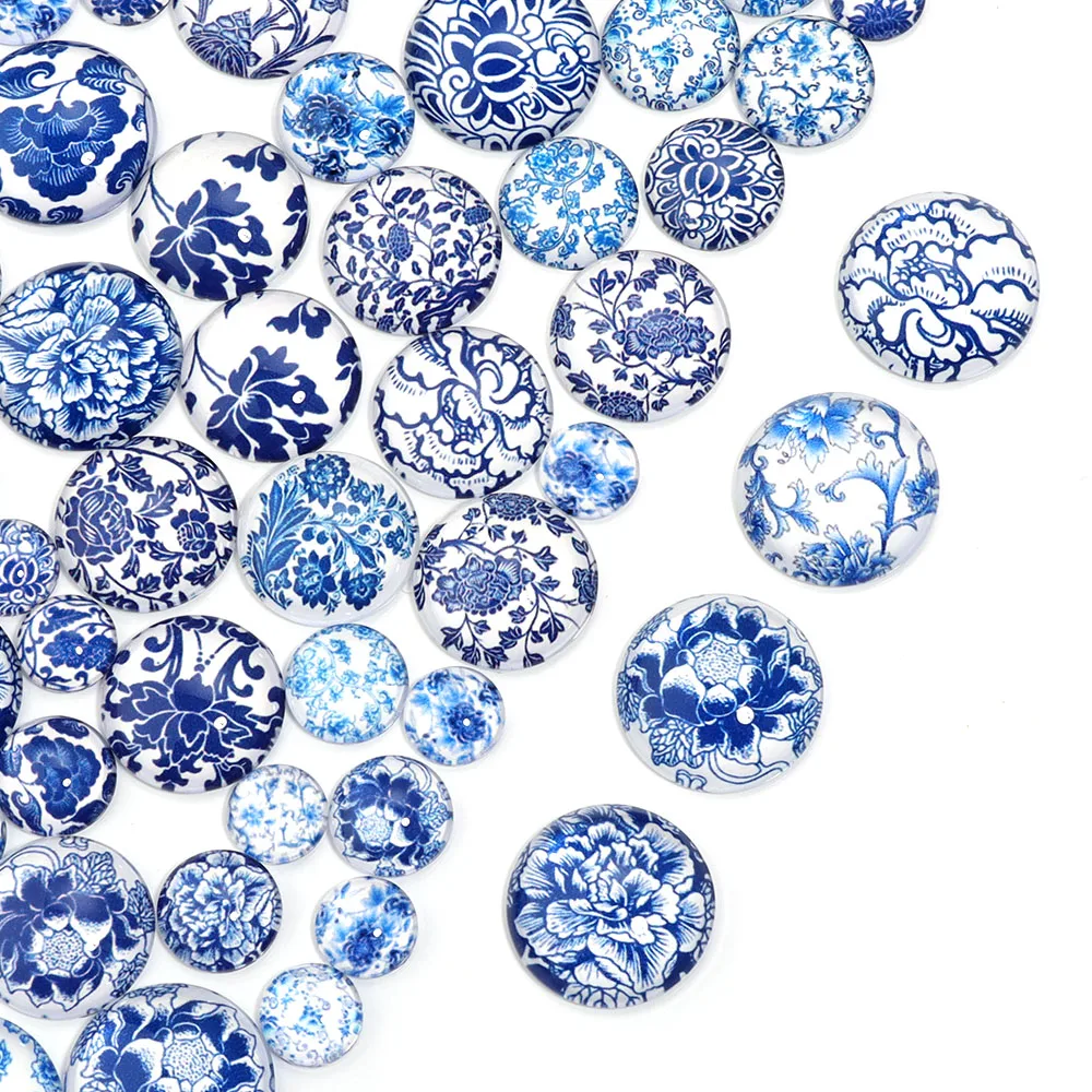 10 Stück 10 12 14 18 20 25mm Blau-Weiß Porzellan-Glas-Cabochons, Runde Flache Perlen für Schmuckherstellung, DIY Ring und Halskette