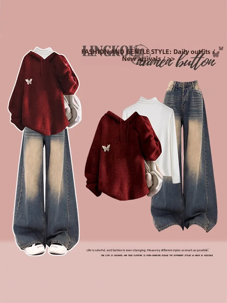 

Stunning Christmas Knitted Sweater And Wide Leg Jeans plus Size Autumn Winter Fashion Set for Women Beautiful Slimming Base S...
