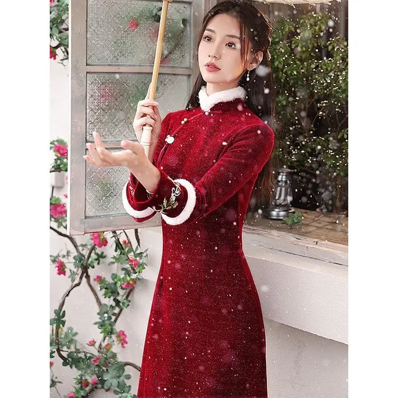 New Year's Cheongsam 2022 New Wine Red Long Sleeved Dress  Qipao Dress  Traditional Chinese Clothing for Women