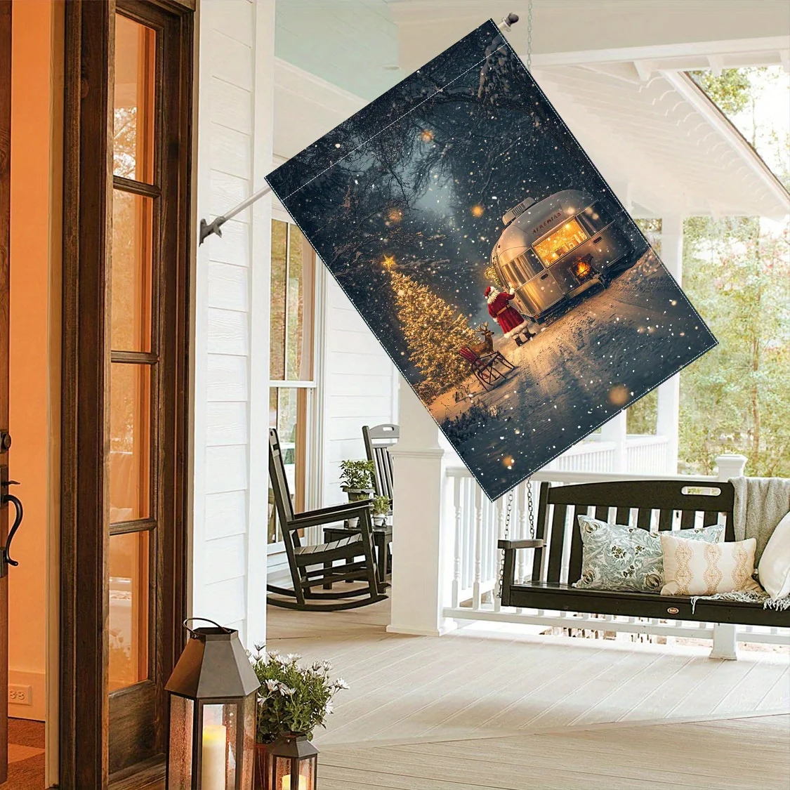 Santa Claus Reindeer Camper Van Decorative Garden Flag 12x18in ouble-Sided Polyester Outdoor Banner, Lawn Yard Decoration