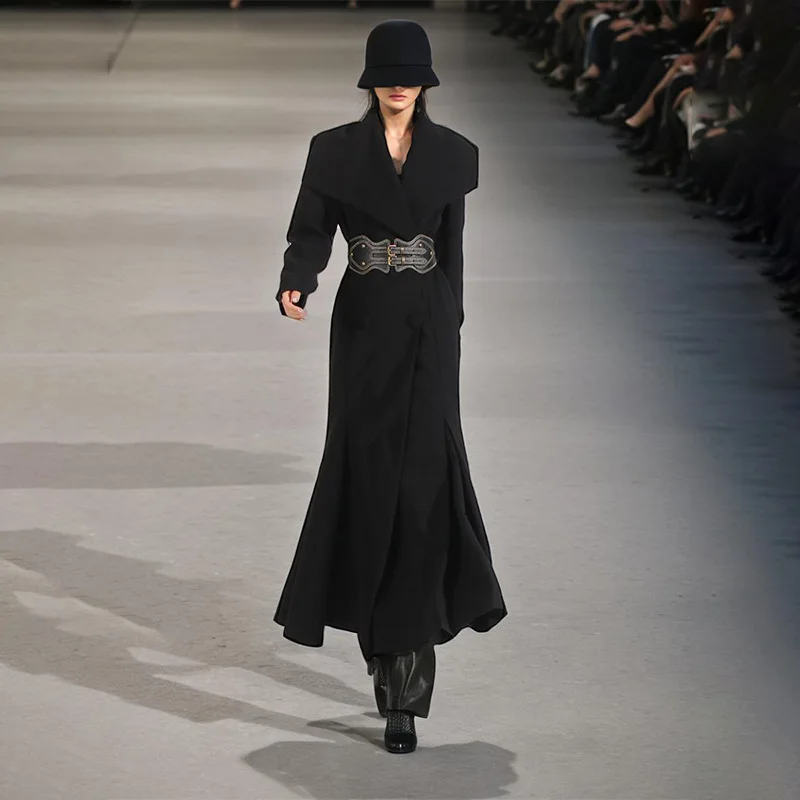 

Women's Autumn High-End Long Trench Coat with Slim Waist Belt Large Lapel Long Sleeve Noble Lady Style Fashionable And Elegant
