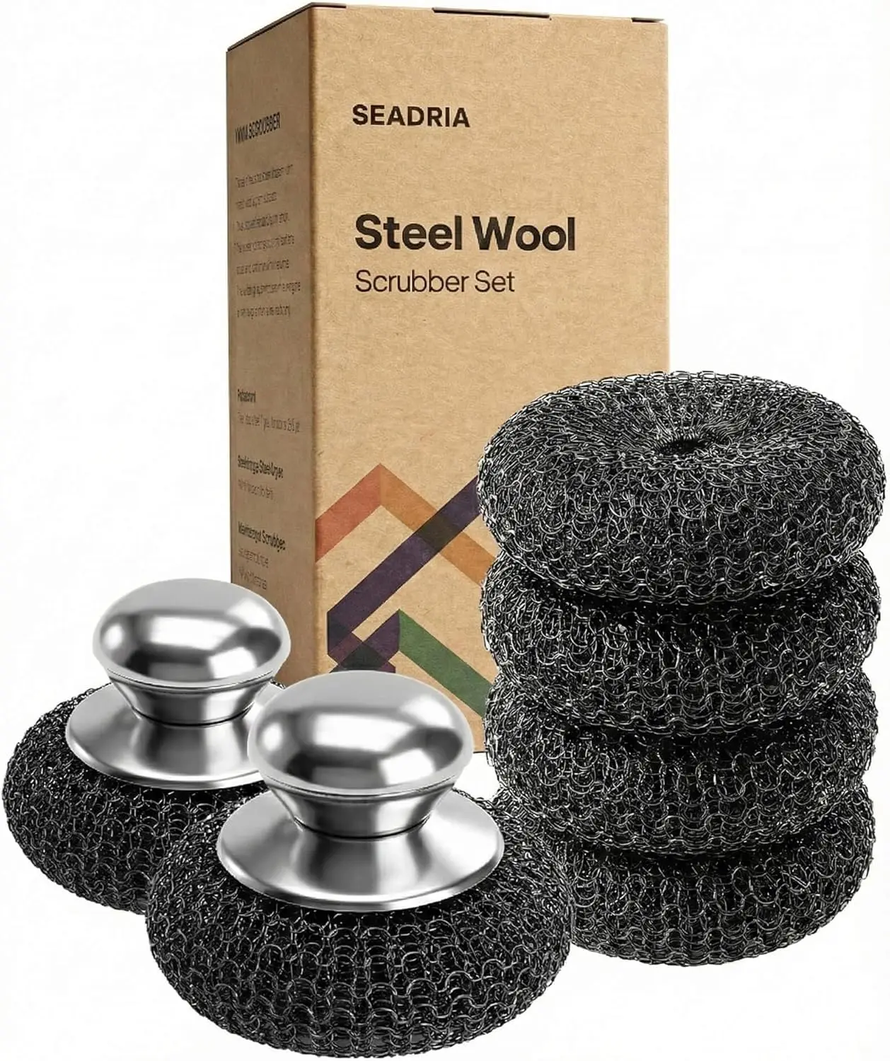 

8-Piece Stainless Steel Scrubber Set with Handles - Heavy-Duty Rust-Resistant for Cast Iron, Grill & Pots