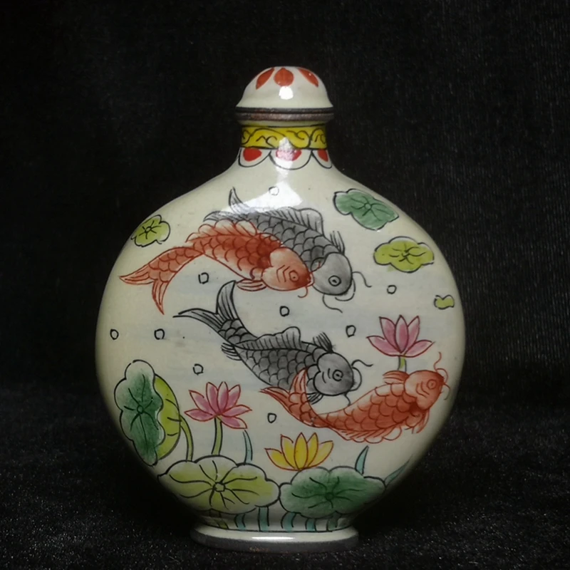 YIZHU CULTUER ART Size 7.8 x 6.1 cm Marked Chinese Old Beijing Bronze Cloisonne Painting Lotus fish Snuff Bottle Gift Collection