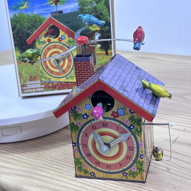 

Wind Up Toy Metal Tin Rotating Bird Alarm Clock Bird House Clockwork Model Figures Adult Collection Retro Toys Gift