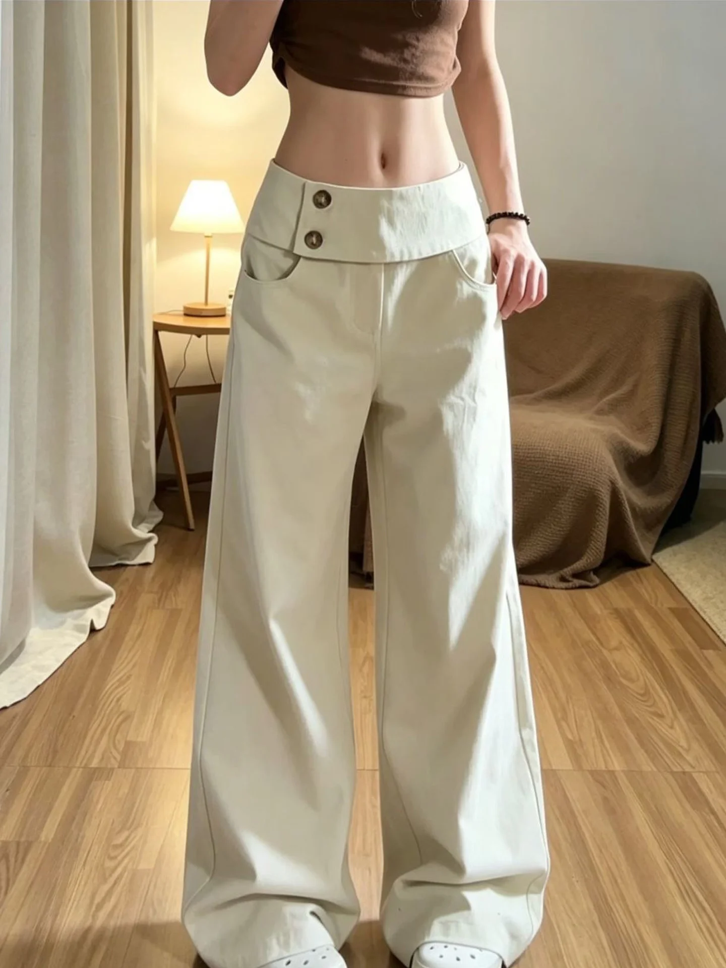 American Style Vintage White Wide Leg Jeans Women's Loose Design Simple Fashionable Floor-Length Pants Summer High Waist Zipp...