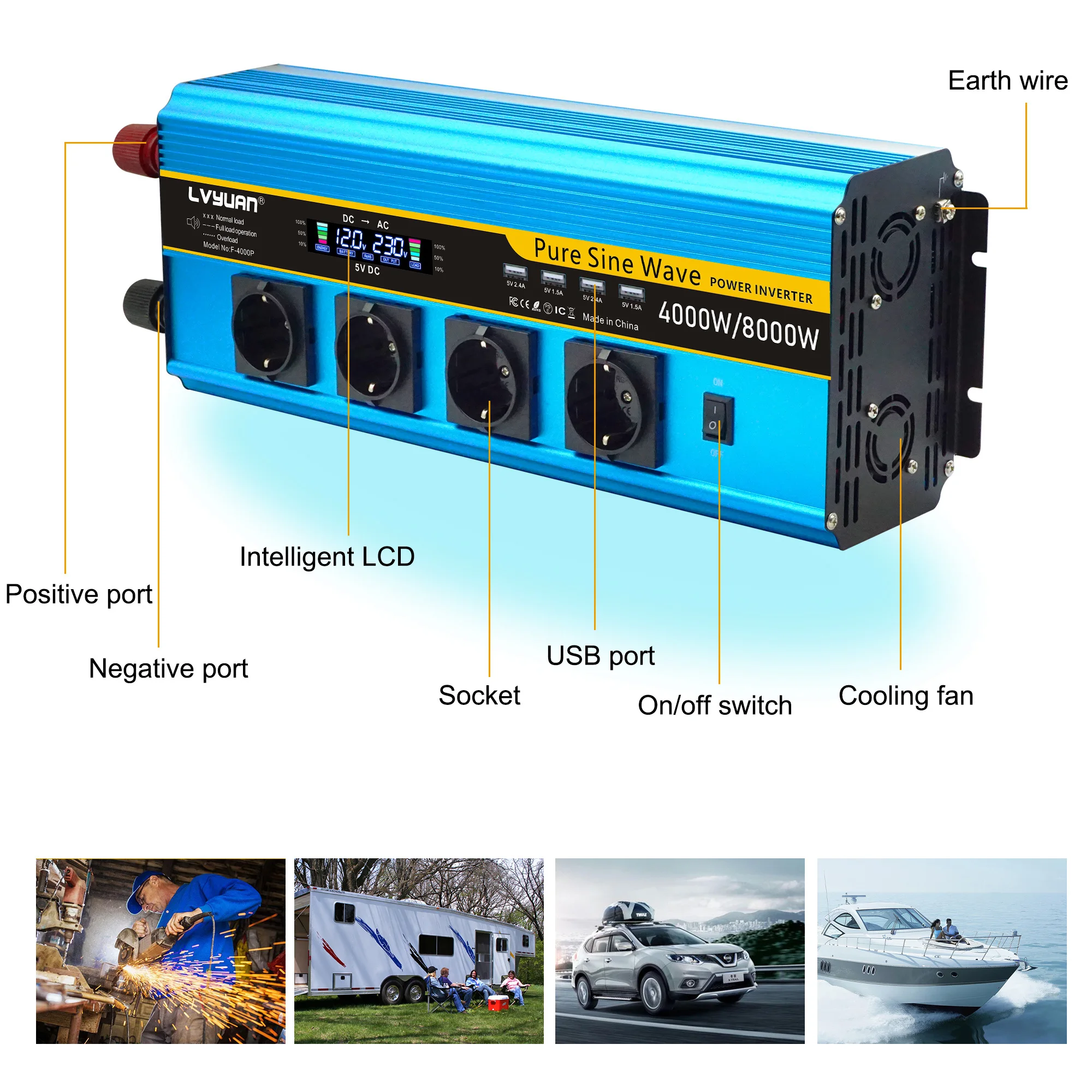 Imagem -02 - Inversor de Onda Senoidal Pura com Display Lcd Conversor de Display de Tensão Controle Remoto Soquete ue Múltipla 4000w 6000w 8000w dc 12v 24v 220v ca 230v