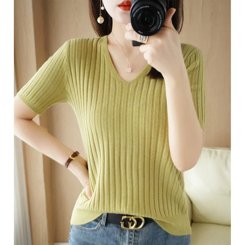 2022 New Women\'s V-neck Short-Sleeved Cashmere Sweater Pullover short sleeve Soft