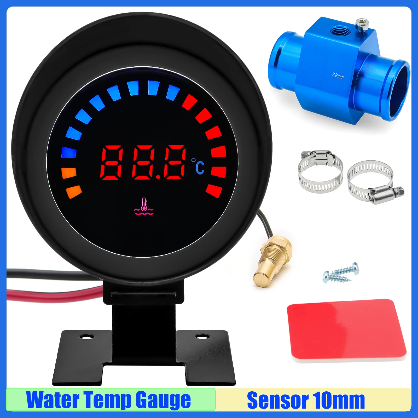 MAIMEIMI Digital -10°C~110°C Water Temperature Gauge with Sensor 10mm Auto Car Water Temp Meter Joint Pipe Sensor 26-40mm