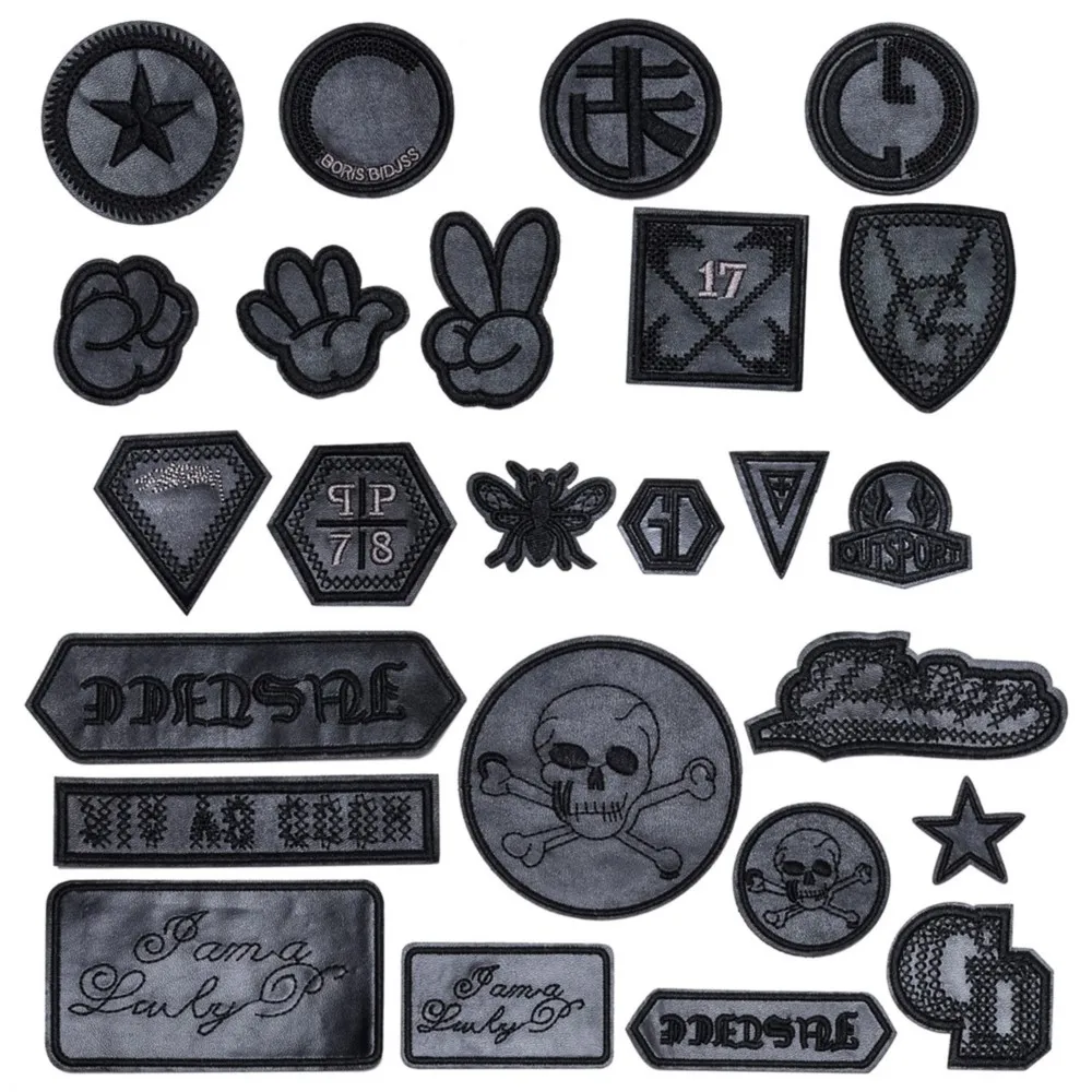 

25Pcs Black PU Leather Ironing On Patches Yeah Star Stripe Stickers Embroidered For punk Clothes Pants Hip-hop Appliques Badge