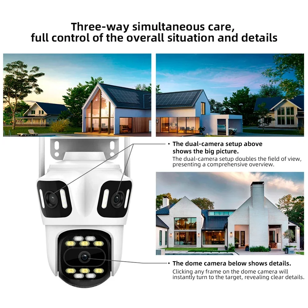 KERUI Icsee 6K WIFI IP Outdoor PTZ Home Security Camera Triple Lens CCTV Video Surveillance with Triple Screens