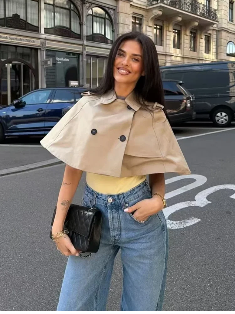 Khaki Cape Style Single Short Jacket  Breasted Lapel Women Casual Windproof Coat 2026 Autumn New Commuting Outdoor Clothing