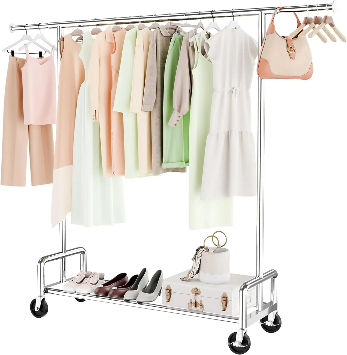 

Heavy Duty Rolling Garment Rack with Wheels, Holds 500 LBS, Chrome Metal Organizer for Clothes