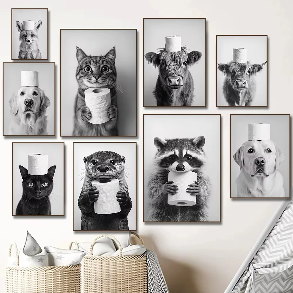 المرتفعات البقرة قضاعة القط الراكون مع ورق التواليت المشارك طباعة قماش اللوحة الحمام جدار الفن مضحك المرحاض الفكاهة ديكور المنزل