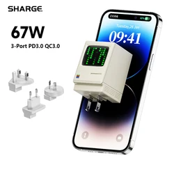 Ładowarka GaN SHARGE 67W 3-portowa szybka ładowarka USB C PD 3.0 Składana ładowarka z kreatywnym wyświetlaczem do Macbooka iPhone 15 Wtyczka EU/US/UK