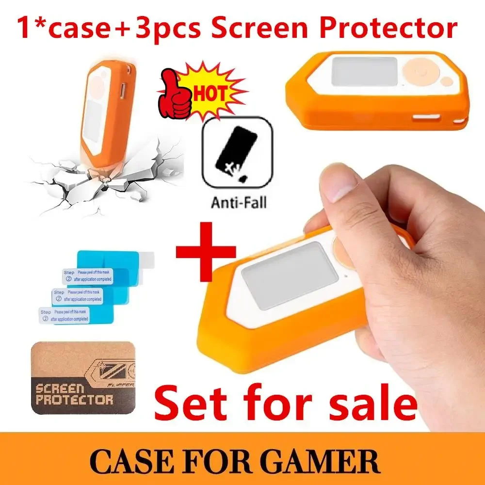 

Set 3pcs Screen Protector + Orange Anti-slip Silicone Case For Flipper Zero Electronic Game Accessories Boys And Girls Gifts