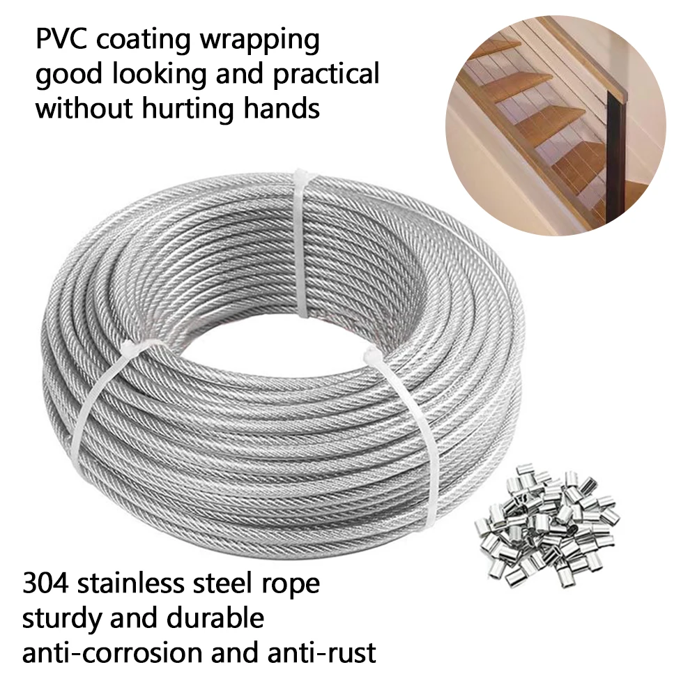 5M/10M/50M/100M Transparent Color PVC Plastic Coating 1.0-6mm 304 Stainless Steel Wire Rope Cable Used For Clotheslines, Etc