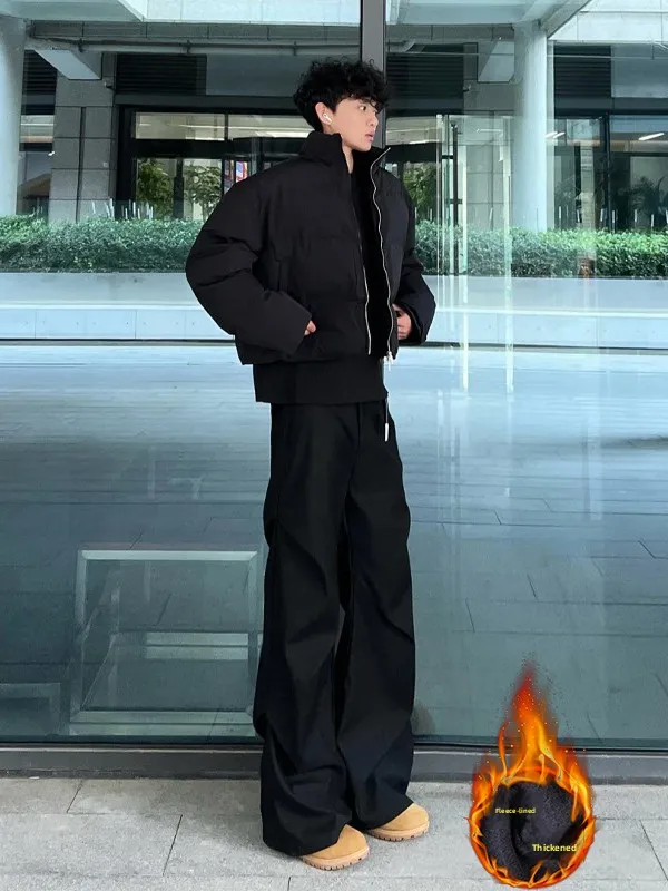 

Bla Fce Lined Men's Casual Thiened Straight Leg Winter Warm Trousers Knife Sle American Leisure Flared Suit Pants