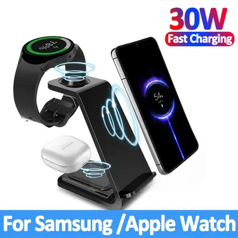 30 W schneller kabelloser Ladeständer für iPhone 15 14 13 8 Samsung S20 S21 Apple Watch 8/7 Samsung Galaxy 6/5 3 in 1 Ladestation