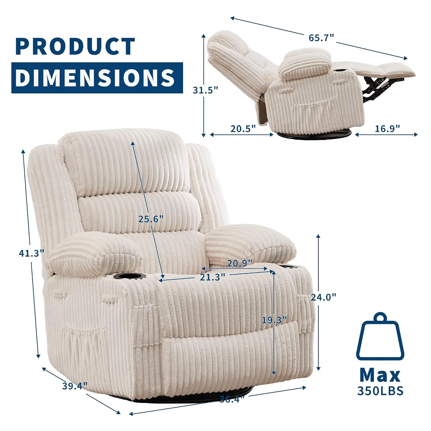 360° Swivel Rocker Recliner w/ Cup Holders, Oversized for Tall Adults, Living Room & Nursery, Upholstered Lounge, Customized