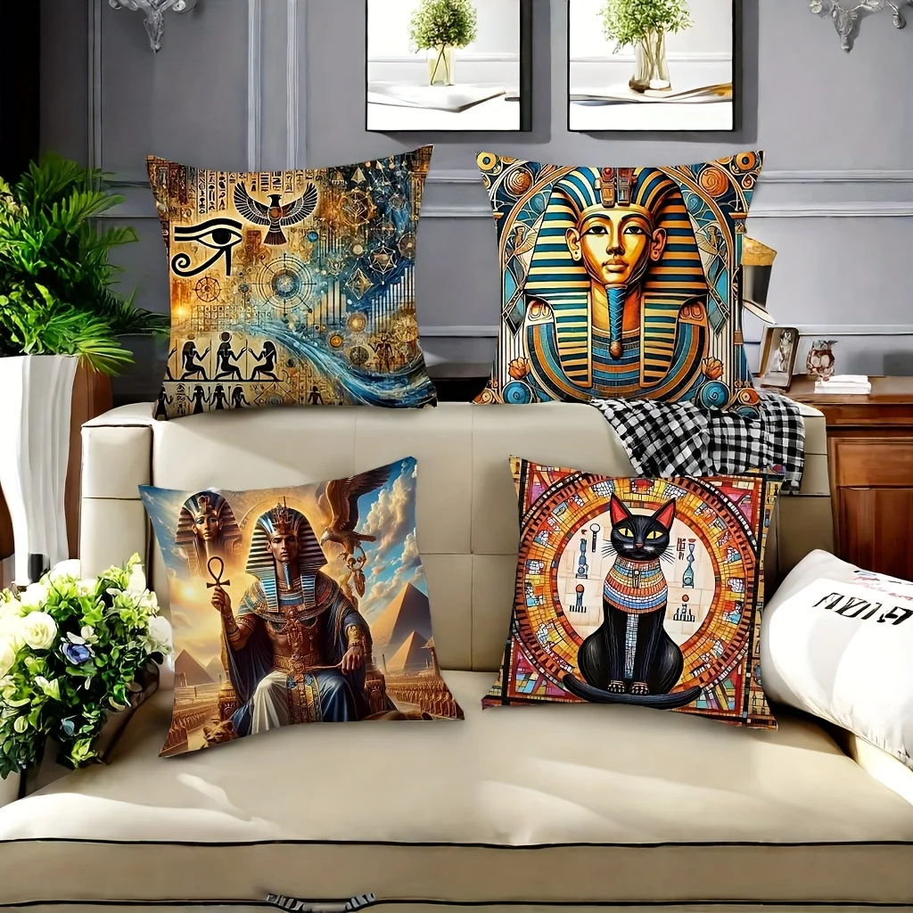 Boho Egyptian Pharaoh Throw Pillow Cover 4PCS Cushion Set Aesthetic Decor Art Home Accent Pillows Ancient Nile Pyramid Goddess W
