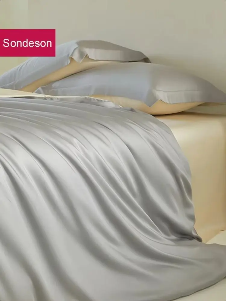Sondeson Nature 100% Silk Bedding Set Healthy Skin Gray Cream Double Queen King Duvet Cover Set Flat Sheet Pillowcase Bed Linen
