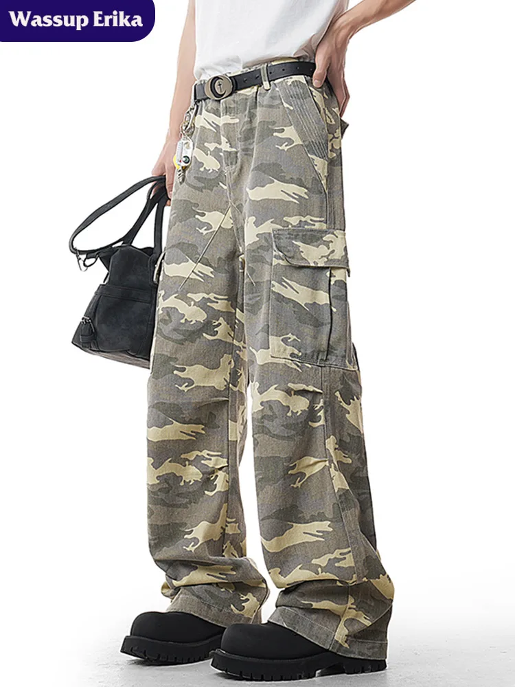 

WASSUP ERIKA American Desert Camouflage Men's Casual Straight Leg Pants Summer High Street Faion Retro Workwear Trousers