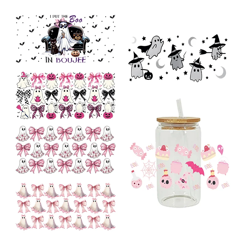 Мультфильм Хэллоуин УФ Dtf Cup Wrap Iron On Transfer наклейки для стеклянной чашки 16 унций украшения D24738