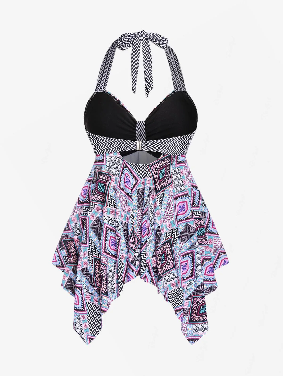 Damski strój kąpielowy Rosegal Plus Size Geo Bowknot z wycięciem i wiązaniem na szyi, bez ramiączek, z chusteczką