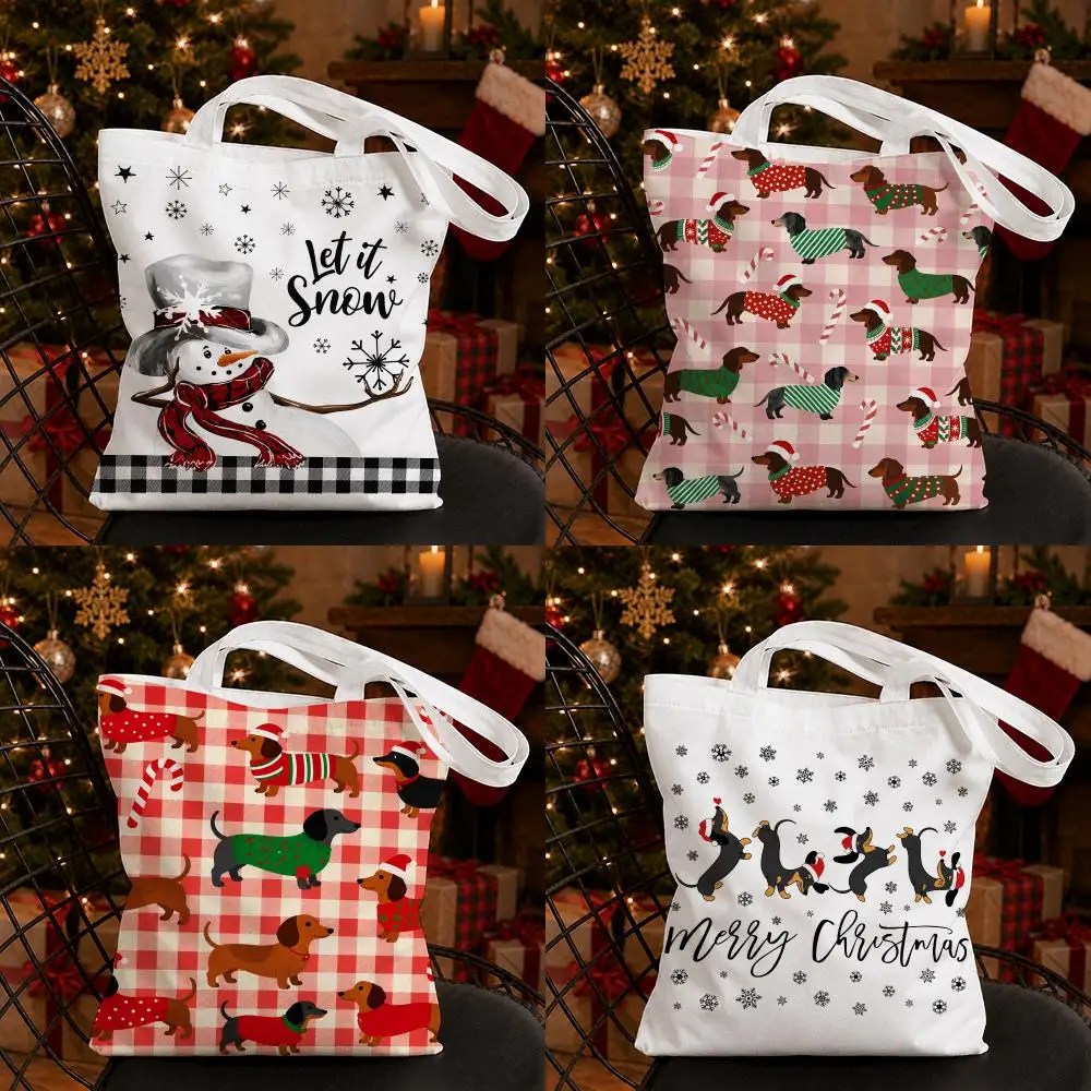 Hristmas Dachshund Checkered Storage Bags Canvas Tote Bag Double-Sided Print Durable Shoulder Handbag for Festival Party Gift