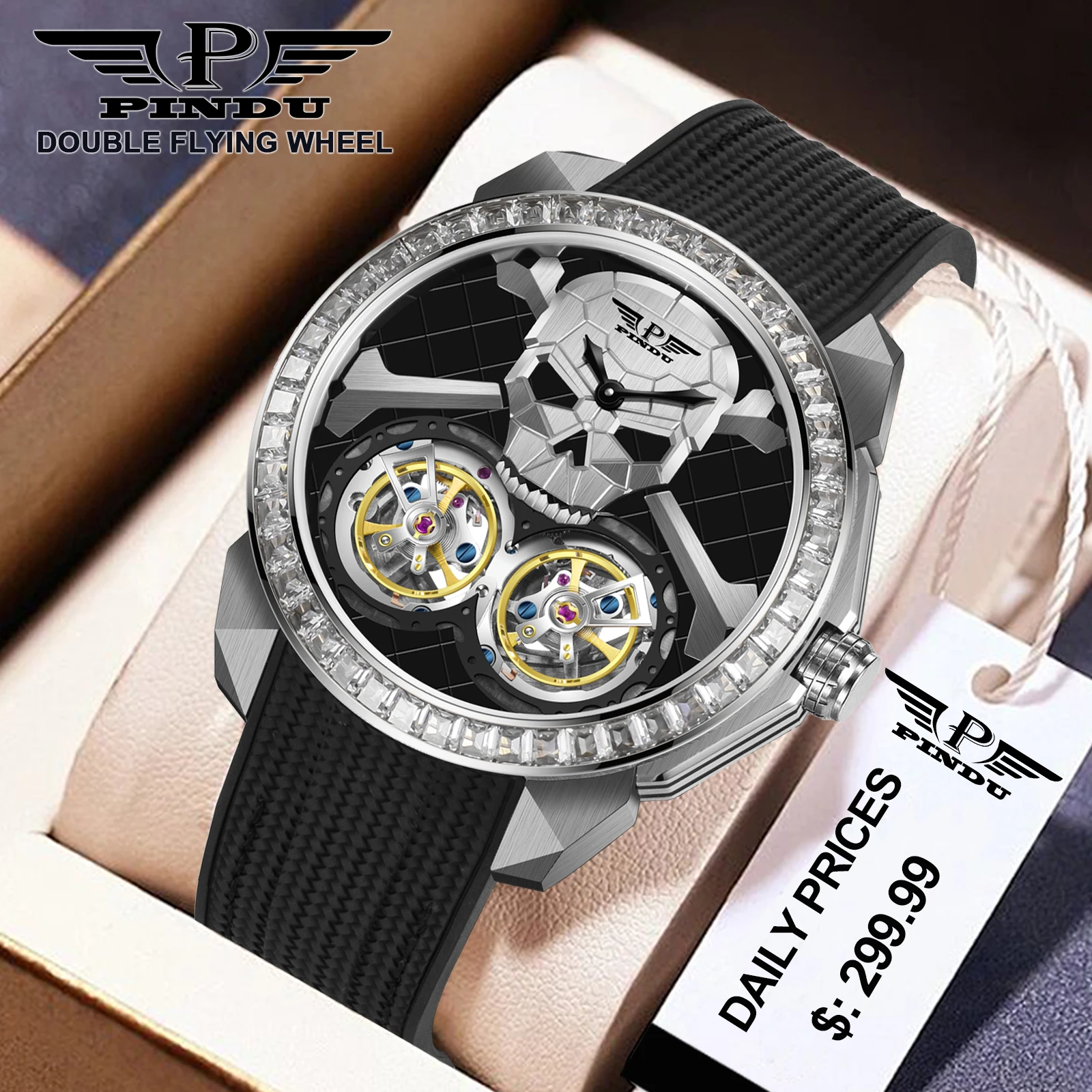 PINDU Design New Double Flying Wheel Mechanical Watch Men Ghost Head Dial JHLS33-1 Movement 50M Waterproof Mechanical Watch TOP